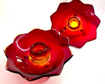 Stunning! Vintage Fenton Ruby Red Amberina Glass Footed Lotus Flower Candlestick Holders-Set of 2