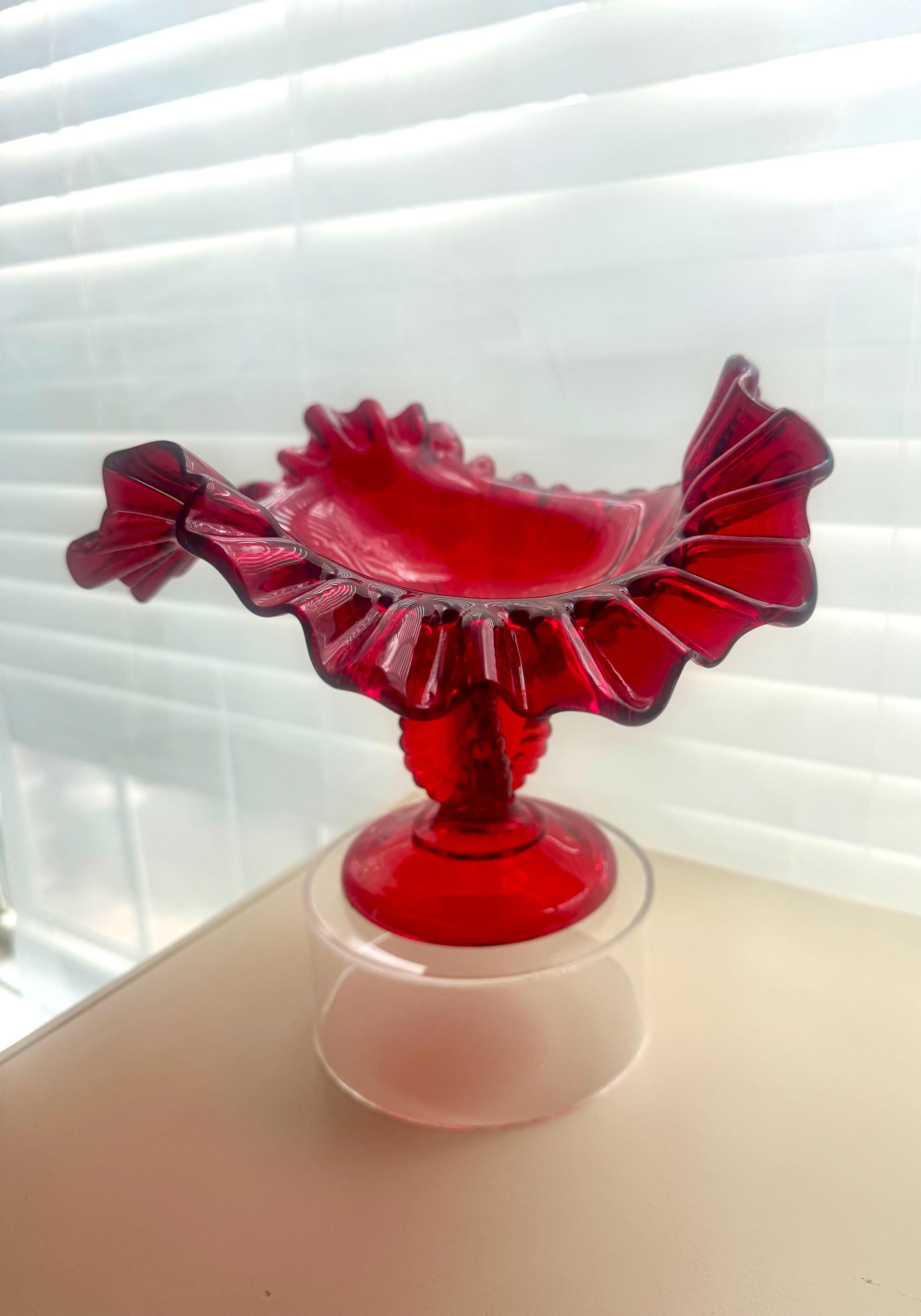 Fenton Ruby Red Bowl Ruffle Gorgeous! Vintage Fenton Ruby Red Glass Ruffled Beaded Pedestaled Candy ...