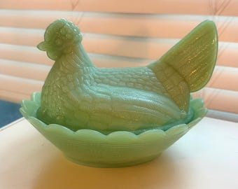 Stunning! Vintage Jadeite Glass Large Nesting Hen In Basket Candy/Trinket Lidded Dish, 8.5”Lx6.5”W
