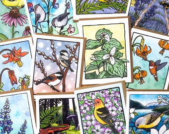 In the Garden greeting cards - Pick-Your-Own set - Birds, flowers, and garden critters greeting cards 100% recycled paper - Set of 3, 5 or 8
