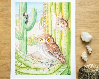 Elf Owls in Saguaro 8x10 art print - owl painting cute desert Arizona