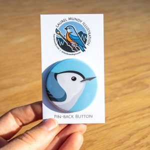 White-Breasted Nuthatch button - 1.75" metal pin back bird button on backer card