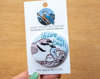 Share the Beach button - 1.75&quot; metal pin back button on backer card snowy plovers