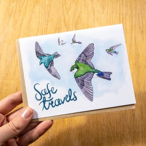 Safe Travels tree and violet-green swallows greeting card 100% recycled paper