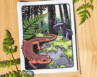 Ensatina salamander in old growth forest greeting card 100% recycled paper