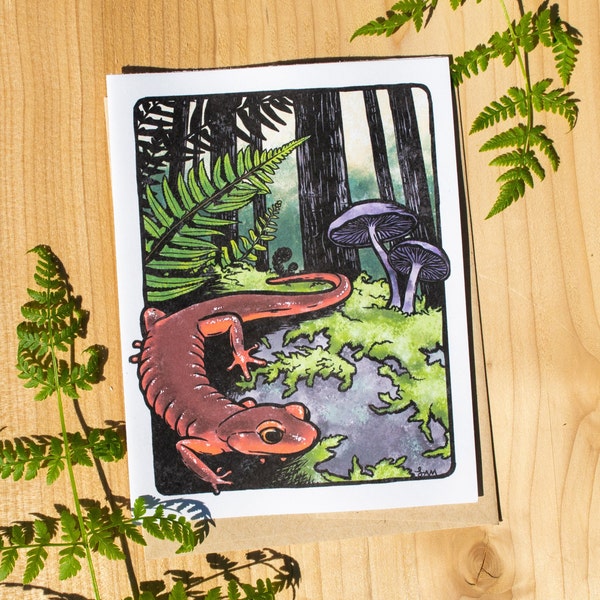 Ensatina salamander in old growth forest greeting card 100% recycled paper