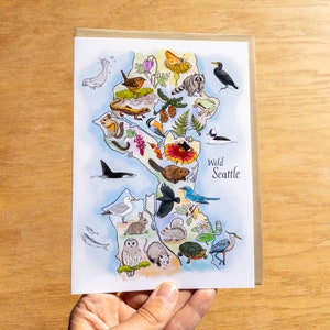 Tarjeta de felicitación con mapa de la naturaleza Wild Seattle de 5 x 7 con sobre 100 % reciclado