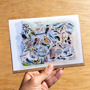 Birding Oregon 5x7 art card with 100% recycled envelope state bird map New Edition