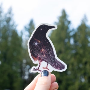 May include: A black crow sticker with a galaxy design. The crow is in flight with its wings spread. The galaxy design is a swirling mix of dark blue, purple, and white.