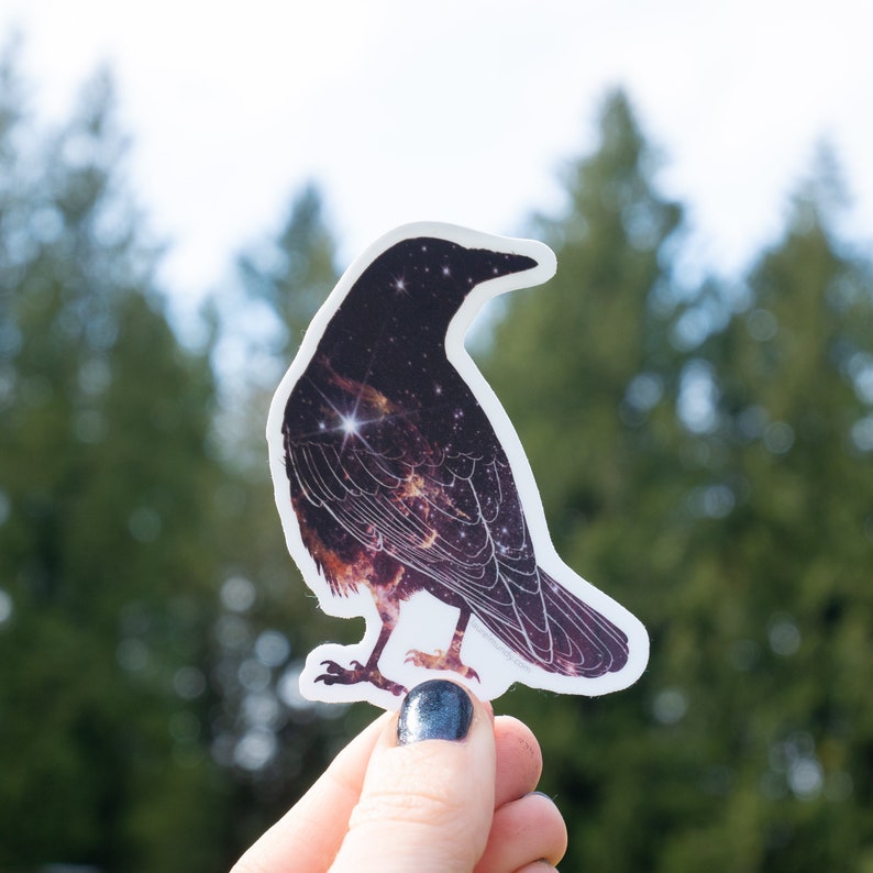 May include: A black crow sticker with a galaxy design. The crow is in flight with its wings spread. The galaxy design is a swirling mix of dark blue, purple, and white.