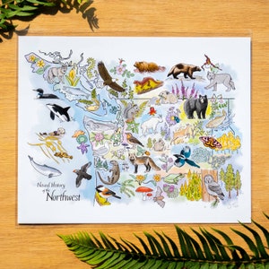 Mapa de Historia Natural del Noroeste, impresión artística de 11 x 14 o 8 x 10, estado de Washington