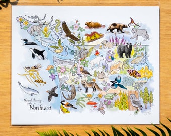 Natural History of the Northwest map 11x14 or 8x10 fine art print Washington state