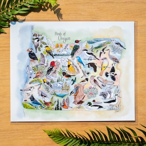 Carte des oiseaux de l'Oregon, impression d'art 11 x 14 ou 8 x 10, nouvelle édition - carte pour les ornithologues amateurs
