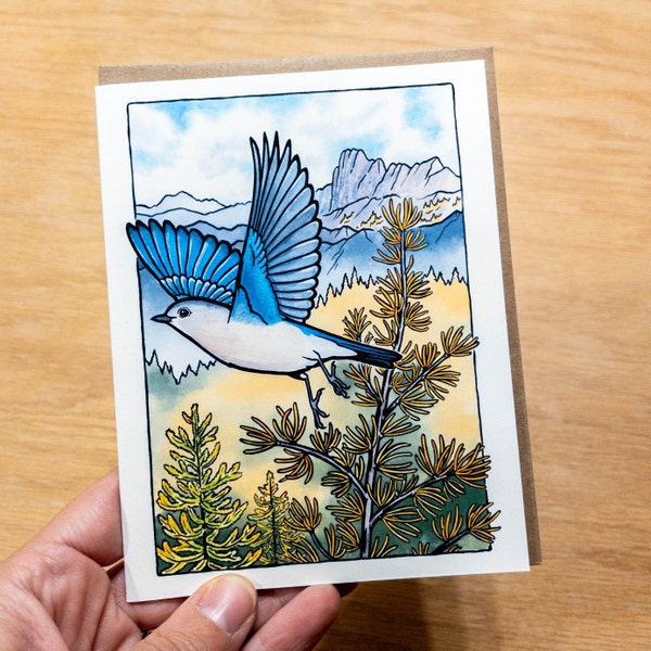 Mountain Bluebird greeting card 100% recycled paper alpine larch fall scene