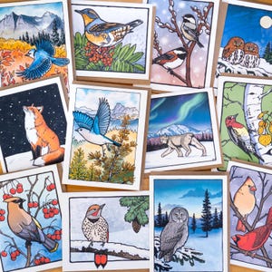 Cartes de voeux créatures d'automne et d'hiver - Cartes d'oiseaux sauvages en papier 100 % recyclé