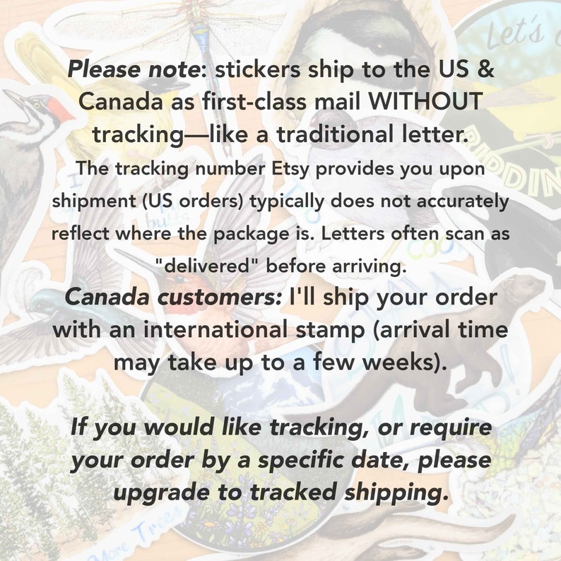 May include: A close-up of a text-based image with a message about shipping stickers to the US and Canada. The text reads: "Please note: stickers ship to the US & Canada as first-class mail WITHOUT tracking-like a traditional letter. The tracking number Etsy provides you upon shipment (US orders) typically does not accurately reflect where the package is. Letters often scan as "delivered" before arriving. Canada customers: I'll ship your order with an international stamp (arrival time may take up to a few weeks). If you would like tracking, or require your order by a specific date, please upgrade to tracked shipping."