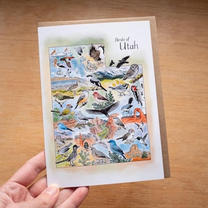 Tarjeta de bellas artes de 5 x 7 con aves de Utah y mapa de aves del estado con sobre 100 % reciclado