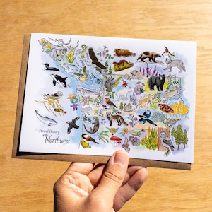 Tarjeta artística de 5x7 de Historia Natural del Noroeste con sobre 100 % reciclado, mapa estatal de observación de aves