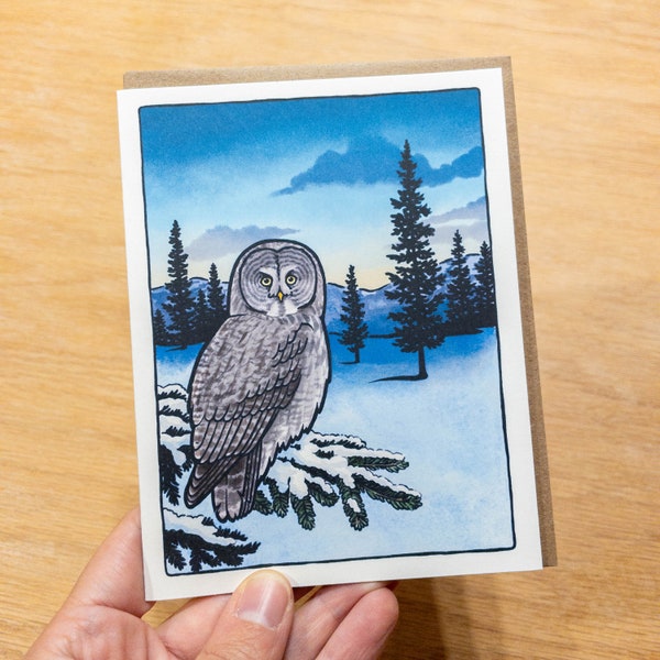 Great Gray Owl greeting card 100% recycled paper winter forest scene
