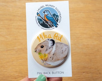 Pika Pal button - 1.75" metal pin back button on backer card