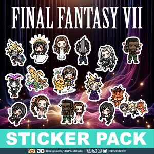 Może przedstawiać: Zestaw naklejek z różnymi postaciami z Final Fantasy VII. Naklejki są kolorowe i kreskówkowe, z różnymi pozami i wyrazami twarzy. Tekst "FINAL FANTASY VII" i "STICKER PACK" są wyświetlane u góry i u dołu obrazu.