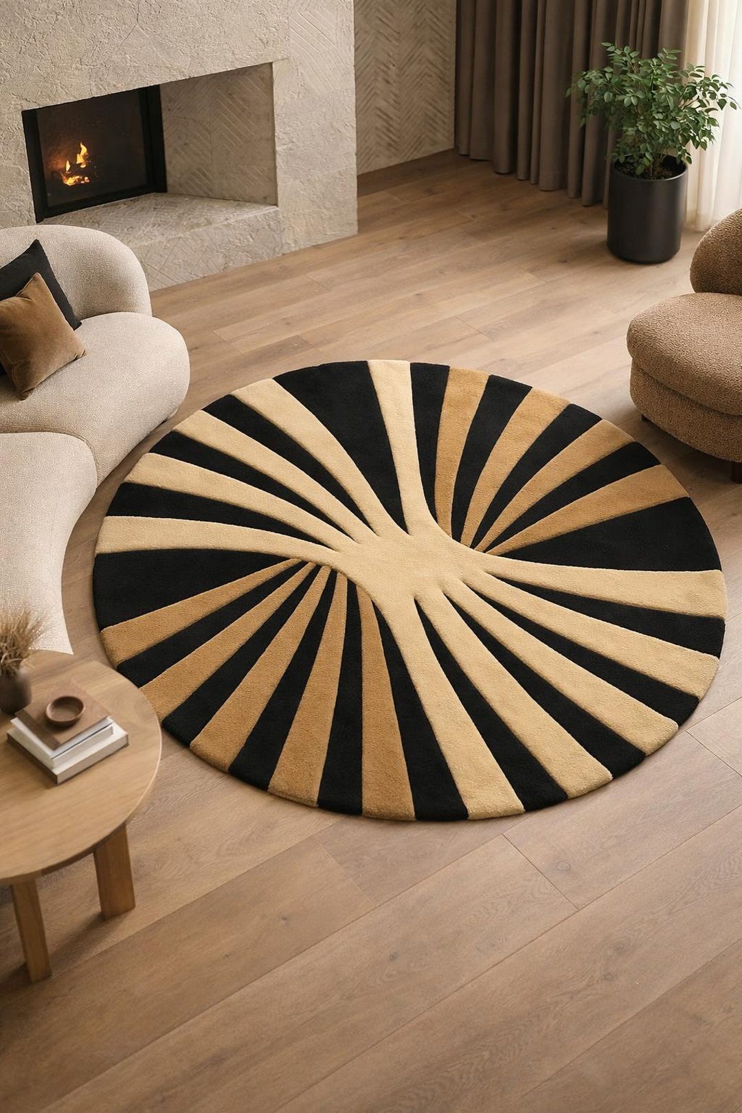 Sunburst Round Tufted Rug, Black and Beige Geometric Area Rug, Modern ...