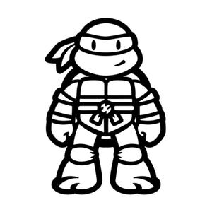 May include: Black and white cartoon illustration of a Teenage Mutant Ninja Turtle. The character is depicted in a standing pose, with a mask, and a shell on its back. The image has thick black outlines and a minimalist design.