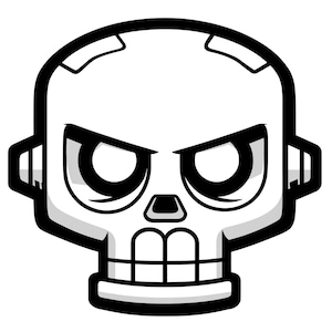 Peut inclure: Illustration en noir et blanc d'un crâne au regard menaçant. Le crâne présente de grandes orbites sombres, un petit nez et une rangée de dents. Le design utilise des contours noirs épais et un remplissage blanc.