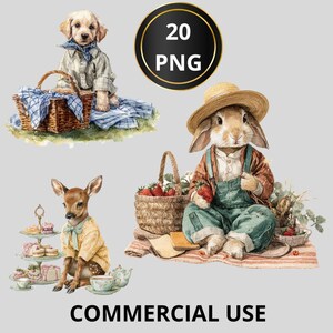 May include: A collection of watercolour illustrations featuring a puppy, rabbit, and fawn, all wearing clothes. The puppy has a picnic basket. The rabbit holds strawberries. The fawn has a tea set. The image includes the text "20 PNG" and "COMMERCIAL USE".