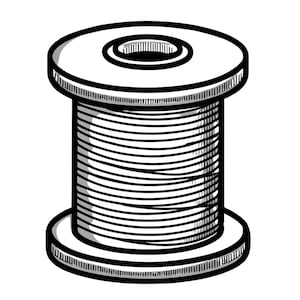 Peut inclure: Illustration en noir et blanc d'une bobine de fil. La bobine a un corps cylindrique avec un trou central et est remplie de fil étroitement enroulé. Les parties supérieure et inférieure sont plates et circulaires.