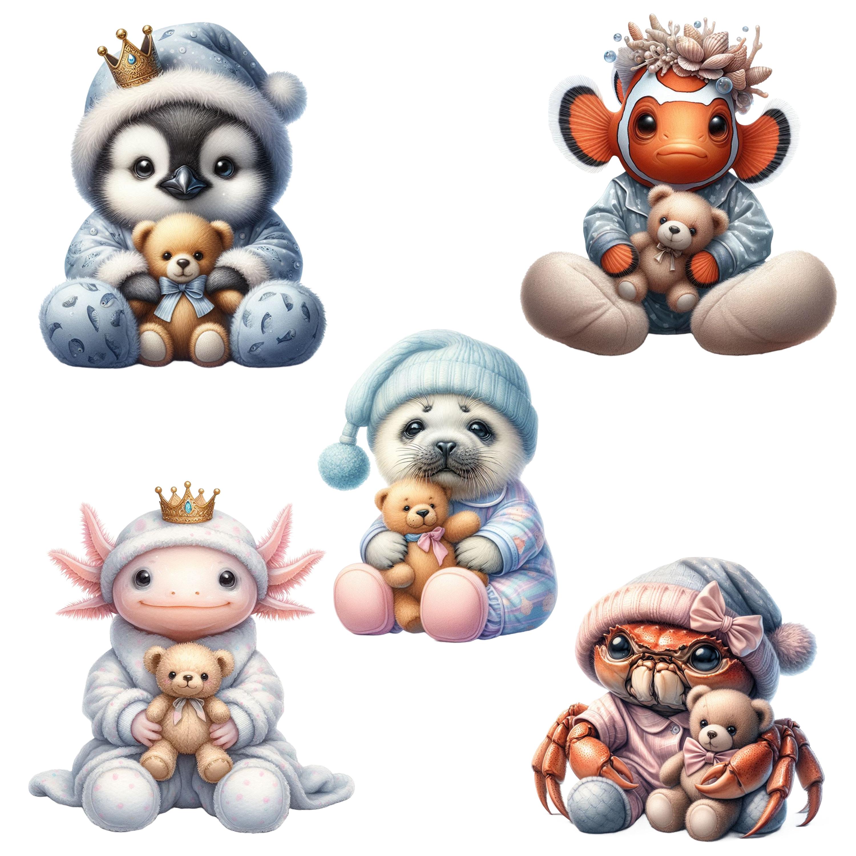 Ocean Baby Animals in Pajamas PNG Bundle - 15 Watercolor Nursery Cute ...