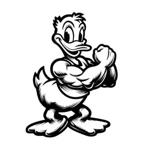 Puede incluir: Ilustración de dibujos animados en blanco y negro de un pato musculoso flexionando sus bíceps. El pato sonríe y tiene una expresión decidida. Diseño gráfico audaz, ideal para pegatinas.