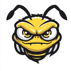 May include: A cartoon illustration of an angry bee's face. The bee is yellow with black stripes and outlines. It has large, white eyes with yellow irises, black antennae, and a menacing expression.