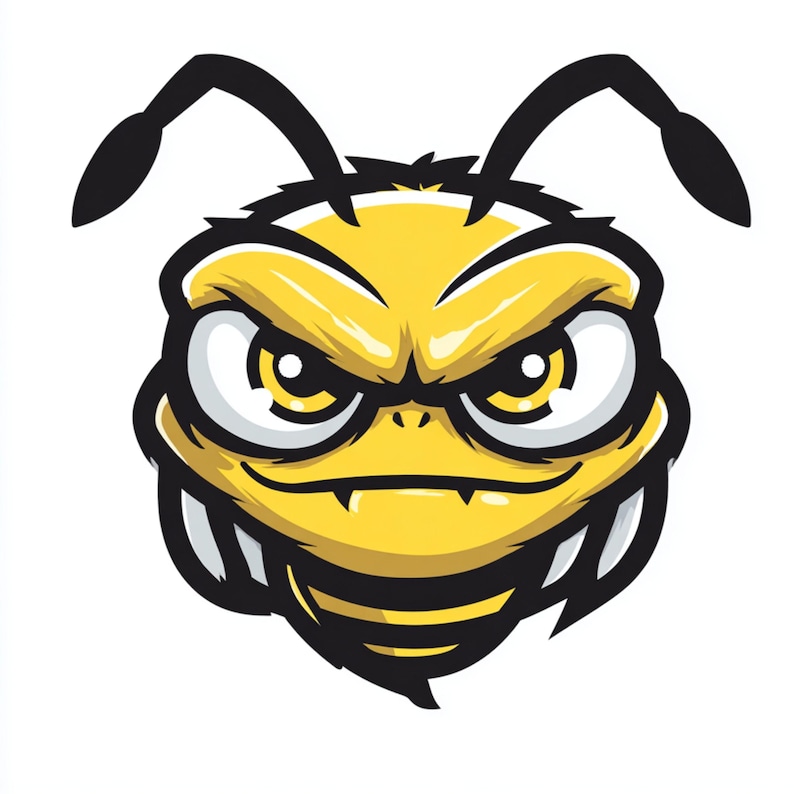 May include: A cartoon illustration of an angry bee's face. The bee is yellow with black stripes and outlines. It has large, white eyes with yellow irises, black antennae, and a menacing expression.