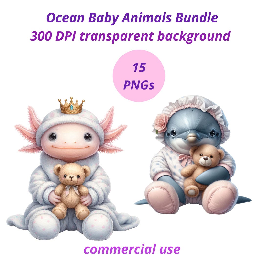 Ocean Baby Animals in Pajamas PNG Bundle - 15 Watercolor Nursery Cute ...