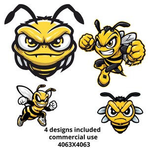 May include: Four cartoon bee designs in yellow, black, and white. The designs include a bee face with an angry expression, a bee in a fighting stance, a running bee, and a bee face with a frown. Text at the bottom reads "4 designs included commercial use 4063X4063."