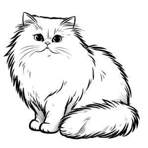 Può includere: Illustrazione in bianco e nero di un gatto soffice con pelo lungo. Il gatto è seduto, rivolto in avanti, con grandi occhi e un contorno dettagliato. L'immagine è un semplice disegno a tratto, adatto per la colorazione o il design.