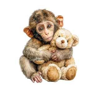 May include: A watercolor illustration of a baby monkey hugging a teddy bear. The monkey has brown fur and large, expressive eyes. The teddy bear is light brown with a stitched nose and button eyes. The background is white.