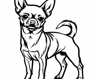 Può includere: Illustrazione in bianco e nero di un cane Chihuahua in posizione eretta. Il cane ha grandi orecchie dritte, un muso corto e una coda arricciata. L'opera è una rappresentazione stilizzata e dettagliata della razza.