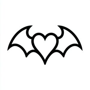 May include: A black and white graphic of a heart with bat wings. The heart shape is in the center, with the wings extending outward on either side. The design is simple and bold, suitable for various applications.