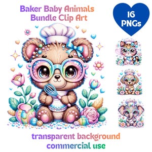 Cute Pastel Baby Baker Animals Clipart Bundle | Kawaii Chef Animals with Whisk & Chef Hat | 16 PNG High Quality Transparent