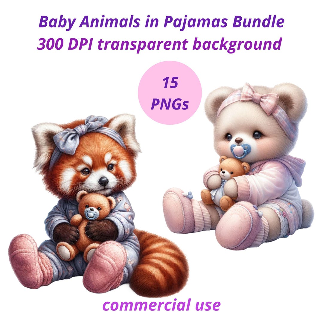 Baby Animals in Pajamas PNG Bundle - 15 Watercolor Nursery Safari ...