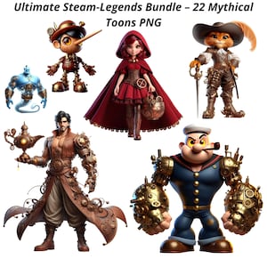 May include: A digital art bundle featuring steampunk-themed cartoon characters. The collection includes Pinocchio, Little Red Riding Hood, a genie, Puss in Boots, a muscular man, and Popeye. The characters are rendered in vibrant colors with intricate mechanical details.