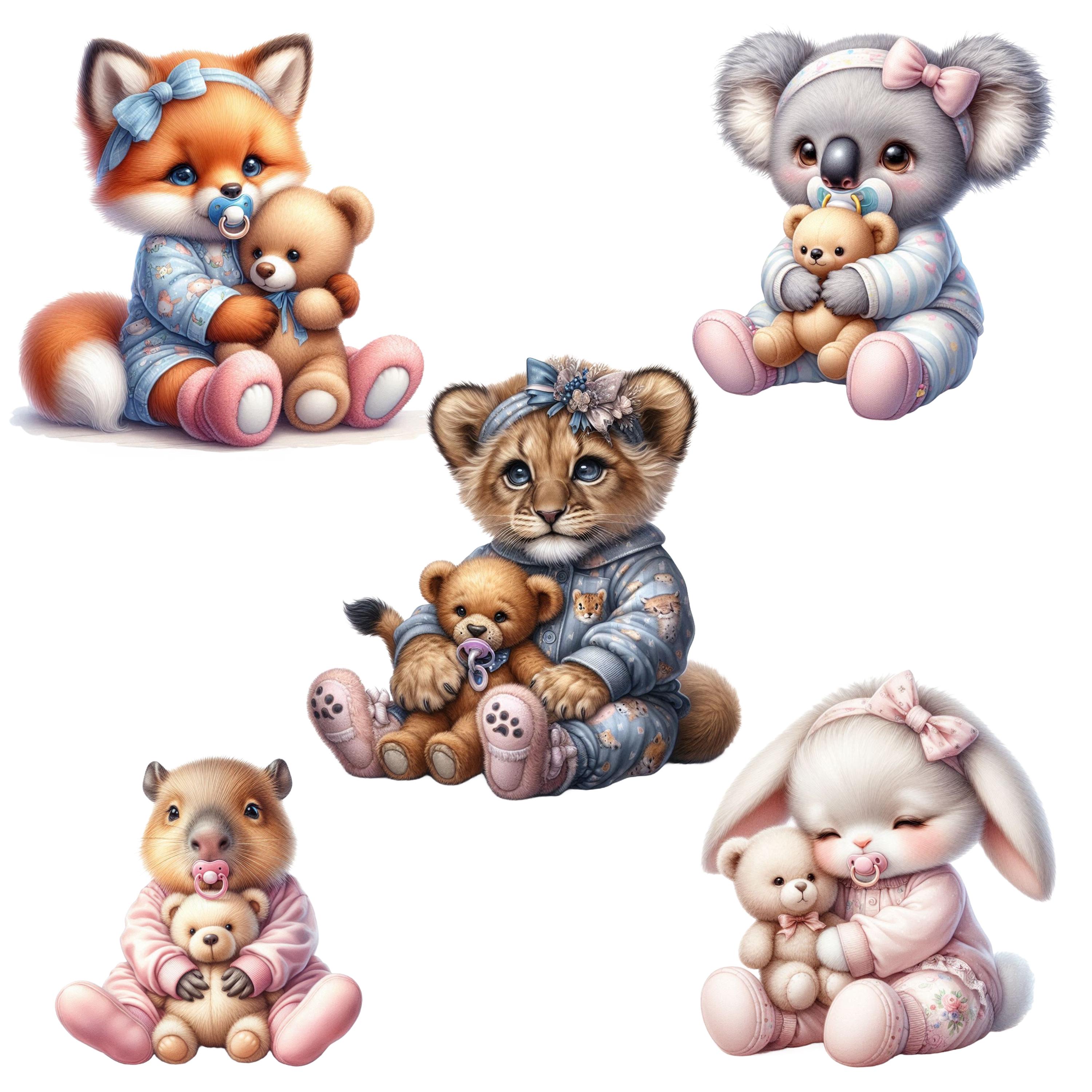 Baby Animals in Pajamas PNG Bundle - 15 Watercolor Nursery Safari ...