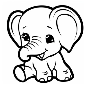 Può includere: Illustrazione a fumetti in bianco e nero di un elefantino. L'elefante ha grandi orecchie, grandi occhi con ciglia e un'espressione sorridente. L'elefante è seduto con le gambe raggruppate.