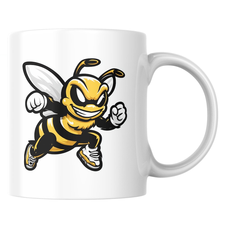 May include: White ceramic mug with a cartoon bee design. The bee is yellow and black, running with clenched fists and wearing trainers. The mug has a curved handle. The design is a bold, graphic illustration.