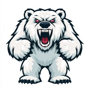 Puede incluir: Ilustración de un oso polar enojado de estilo caricatura. El oso blanco tiene contornos negros, ojos rojos y dientes descubiertos. Sus patas son negras. Un gráfico audaz.