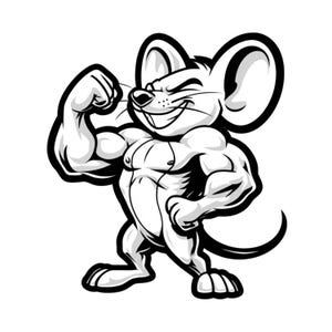 Puede incluir: Ilustración de dibujos animados en blanco y negro de un ratón musculoso flexionando su bíceps. El ratón tiene orejas grandes, una cara sonriente y una cola larga. El cuerpo del ratón está muy musculoso, con brazos, pecho y piernas definidos.