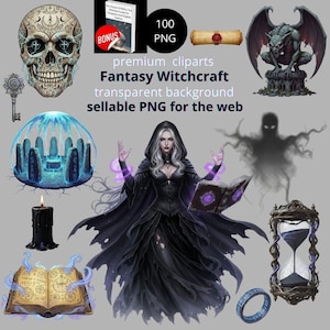Peut inclure: Ensemble de cliparts numériques sur le thème de la fantasy et de la sorcellerie. Comprend un crâne, une clé, une gargouille, une sorcière, un sablier, une bague, un grimoire, etc. Texte : "premium cliparts Fantasy Witchcraft transparent background sellable PNG for the web."