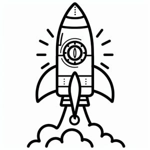May include: A black and white illustration of a rocket launching. The rocket features a circular window with a central design, wings, and a flame trail. The design includes radiating lines and a cloud of smoke.
